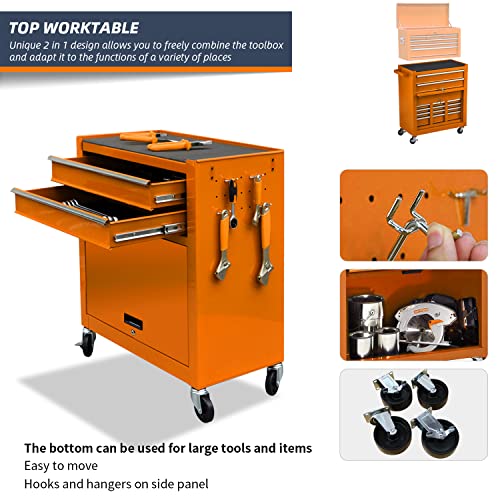 8-Drawer Rolling Tool Chest & Removable Tool Box With Locking System, Tool Box Organizer With 4 Wheels&Hooks, Large Capacity Garage Storage Cabinet For Warehouse And Repair Shop(Orange) #TOP4