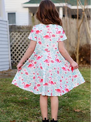 Alisister 5T Flamingo Dress Girl 90S Vintage Sundress Toddler Short Sleeve Party Outfits Cute Animal Floral Dresses Kids School Apparel Summer Vacation Playwear #TOP5