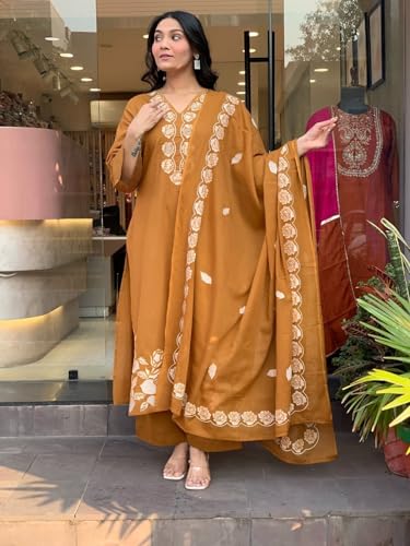 Image of ANNI Designer Women Embroidered Straight Kurta Palazzo Dupatta Set Rayon Viscose Kurti Pant Set Ladies Ethnic Wear for Office Festive Daily Use