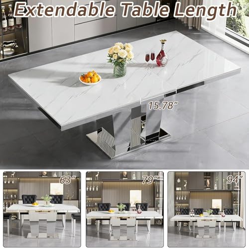 Image of 9-Piece Extendable Dining Table Set for 8, 63 inch-94 inch White Faux Marble Expandable Kitchen Table Set with 8 Black Velvet Chairs,Large Extendable Dining Room Tables with Mirrored Columnar Base