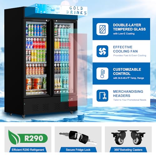 Image of Commercial Display Refrigerator Glass Door 40 cu.ft Commercial Beverage Refrigerators with LED and Shelves for Cafe, Restaurant, Store