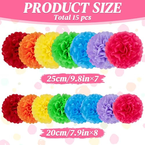 Image of EASY JOY 15 Pcs Multicolor Tissue Paper Flowers Rainbow Hanging Paper Pom Pom Decorations Tissue Pom Poms for Birthday Fiesta Mexican Party Classroom Home Wall Ceiling Wedding Baby Shower DIY Arts