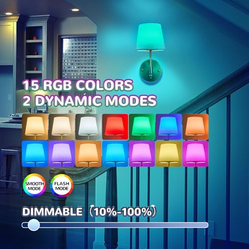 Image of Battery Operated Wall Sconce Set of 2,Gold Wireless Wall Light with Remote Control,RGB Dimmable Wall Sconces Set of Two 15 Colors,Rechargeable Bulbs Cordless Lamp for Bedroom Living Room
