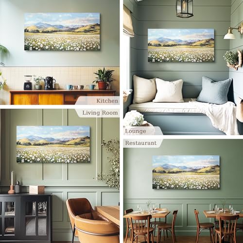 crmotu Canvas Wall Art Landscape, Oversized Wall Art, Floral Wall Decor, White Wildflower Field Painting, Nature Wilderness Pictures Wall Decor Living Room Bedroom Bathroom Art Prints 24x48inch