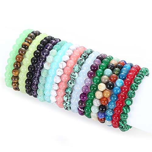 WAINIS 18PCS 8mm Semi-precious Beaded Bracelets for Women Multicolor Elastic Stretch Crystal Glass Bracelet