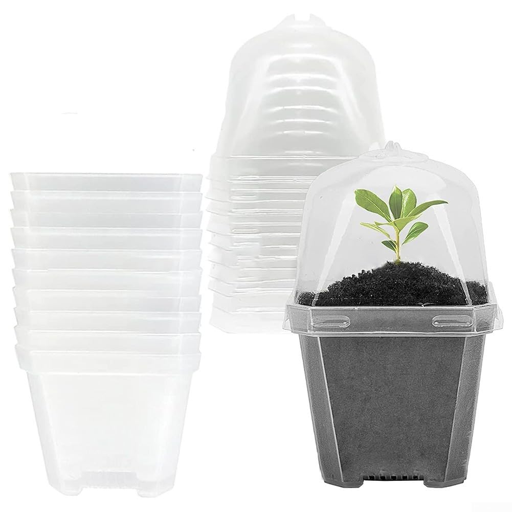 10 vasi quadrati per vivaio con cupole per umidità, vassoi in plastica per piante grasse, erbe aromatiche, verdure, contenitori riutilizzabili per piante drenanti, per giardinaggio interno e per mini