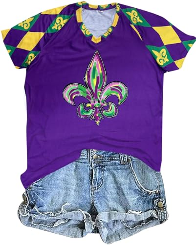 Mardi Gras Shirts for Women New Orleans Mardi Gras T-Shirt Carnival Outfit Fat Tuesday Casual Short Sleeve Tops Purple