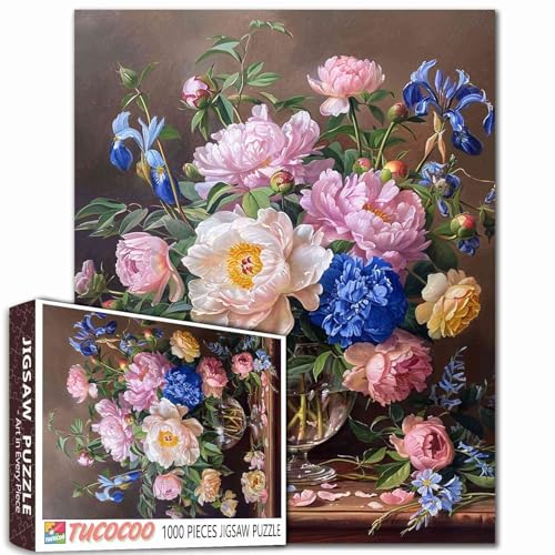 Bunte Pfingstrosen Puzzles für Erwachsene 1000 Teile Vintage-Vase klassisches Malpuzzle