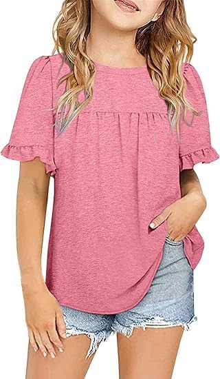 Haloumoning Mädchen T-Shirt Kurzarm Rundhals Oberteile Kinder Sommer Rüschenärmel Tunika Einfarbig Lässig Blusen Tops 6-15 Jahre Rosa 14-15 Jahre