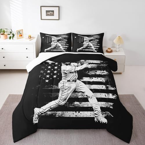 Castle Fairy Kids Baseball Player Comforter Set Twin Size,Sports Themed American Flag Bedding Comforters Bedroom Decor,White Black Microfiber Quilt/Duvet Set for Kids Teens,2 Pcs