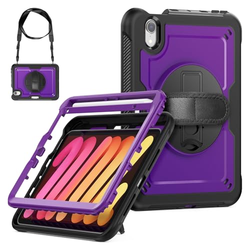 Coque iPad mini 6 et 7 enfant violette avec bandoulière pour les trajets en voiture