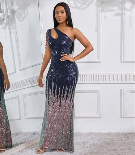 Image of Cololura Women Sequin Elegant Sexy One Shoulder Tassel Mermaid Bodycon Cocktail Evening Dress