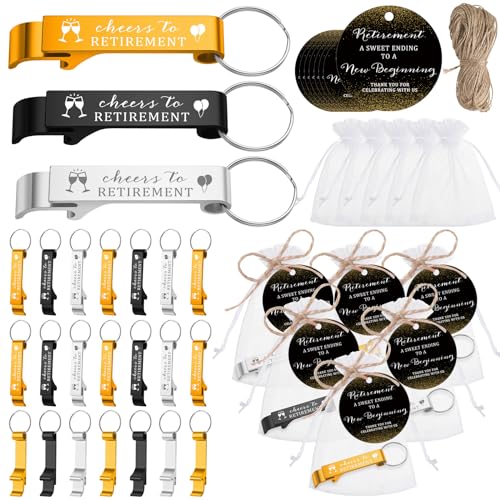 Maxcheck 54 Sets Cheers to Retirement Party Favors for Guests Bottle Opener Keychain with Thank You Tags Organza Bags Souvenirs Gifts for Christmas (Silver,Black,Gold) by Maxcheck - Used condition - US$11.77