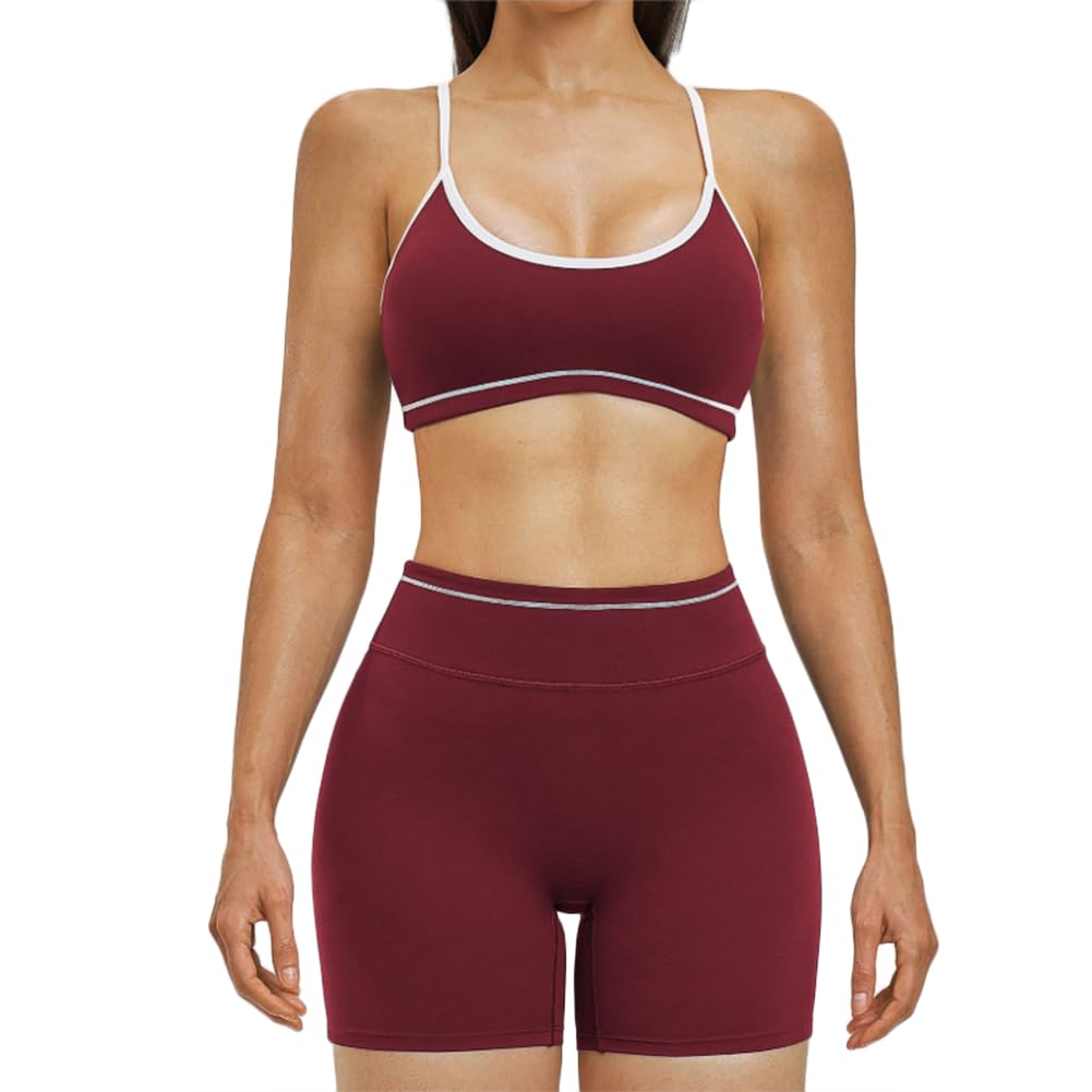 Jpxjgt Women's Red Two Piece Workout Set Color Block Strappy Sports Bra High Waist Shorts Gym Yoga Active Wear Outfit Breathable(Size:l,Color:red)