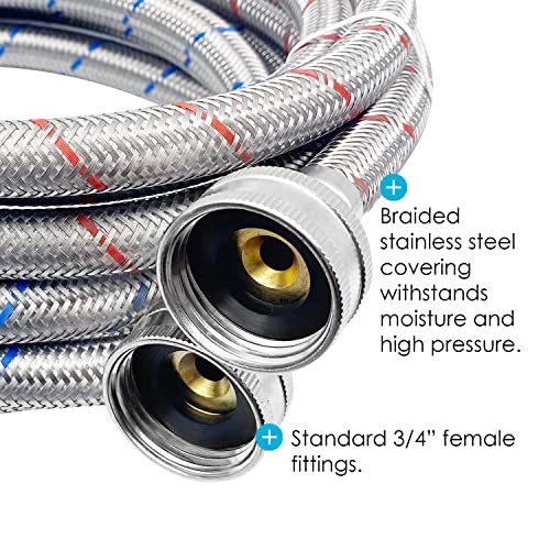 Washing Machine Hose, Stainless Steel, Washer Hoses, 6Ft, 2 Pack, Hot & Cold Laundry Fill Waters Lines, Water Filler Inlet Pipes, Metal Braided, Anti Burst, Steam Dryer Hook Up, Premium | Houseables #TOP4