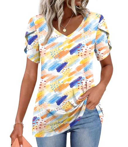 Image of CATHY 2026 Women Tops Summer Short Sleeve Tunic V Neck T-Shirts Loose Casual Floral Blouse S-4XL
