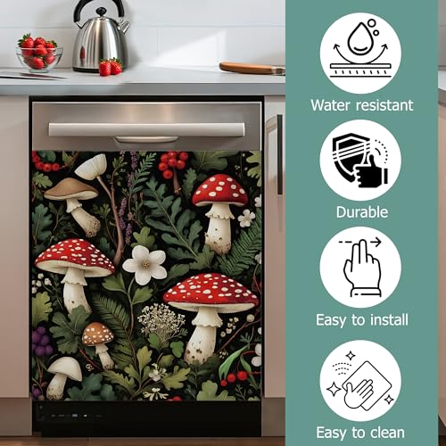 Image of Red Mushrooms Dishwasher Covers for The Front Magnetic,Forest Berries Leaves Refrigerator Magnets Decoration,Reusable Dishwasher Cover Panel for Home Kitchen Decor 23x26 Inch