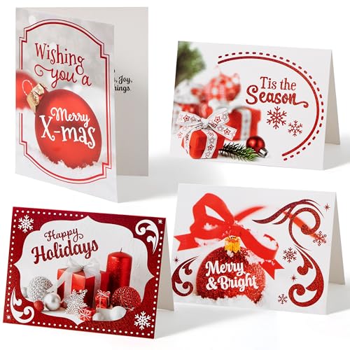 JOYIN 24PCS Christmas Holiday Cards Set of 4 Diverse Red Festive Designs with Envelopes for Merry Christmas Season, present Giving, Xmas Gifts Cards, Wintertime Gifts Cards