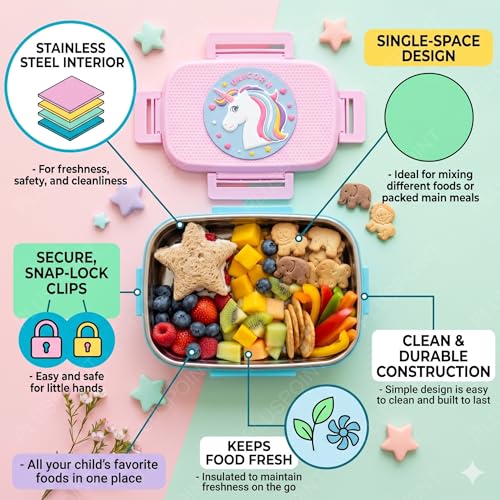 Image of PLUSPOINT Unicorn Big Steel Lunch Box | Stainless Steel Lunch Box with Inner Separate Veg Box | Leak Proof and Break Resistant | Tiffin for Kids, Adults with Snap Lock | Ideal for Office, School