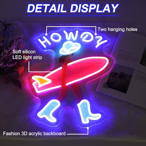 Image of Howdy and Aloha Cowgirl Surf Girl Neon Sign, Howdy Cowgirl wall decor LED Light, Girly Wall Art Neon Sign, Coastal Cowgirl Brown Haired, 11.9 inchx16.5 inch