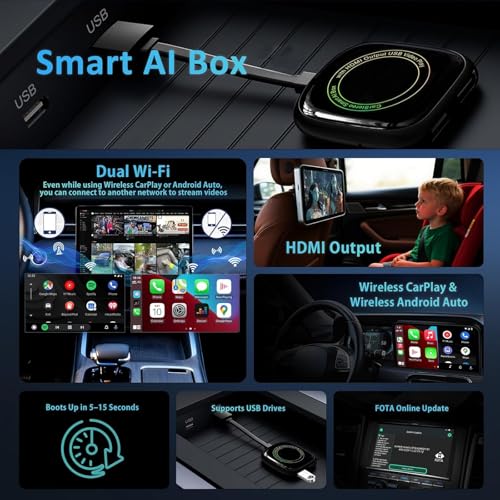 Image of 6 in 1 CarPlay & Android Auto Adapter, Inbuilt YouTube, Netflix, Prime, Hotstar, Auto connect BT & Dual WiFi, Support HDMI-Out /USB-Input, Converts Wired to Wireless, Plug &Play, USB C /A (Black)