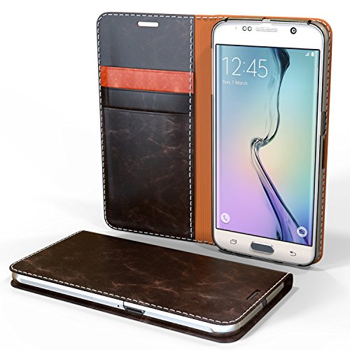 Galaxy S6 Edge Case - Cellto [GLux] PU Leather Wallet Type Diary Cover w/Card Slots - Dark Brown