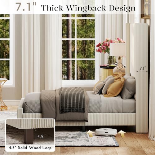 Ihanherry Queen Size 65" Tall Headboard Bed Frame with Charging Station, Upholstered Wingback Headboard with Washable Corduroy Cover, Noise Free, Solid Wood Slats & Legs, No Box Spring Needed, Beige - image 7