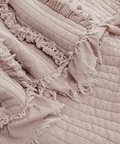 Horimote Home YK-KE-136 Ultra Soft Pre-Washed Quilted Throw Blanket, Ruffle Fringed Dusty Rose Pink Decorative Throw, Stone Washed Chic Rustic Blanket For Sofa Couch Bed Chair thumb #1