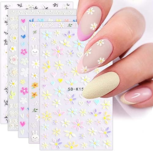 3D Embossed Flower Nail Art Stickers Decals 5 Sheets 5D Self-Adhesive Pegatinas Uñas Colorful Blossom Floral Nail Supplies Nail Art Design Decoration Accessories