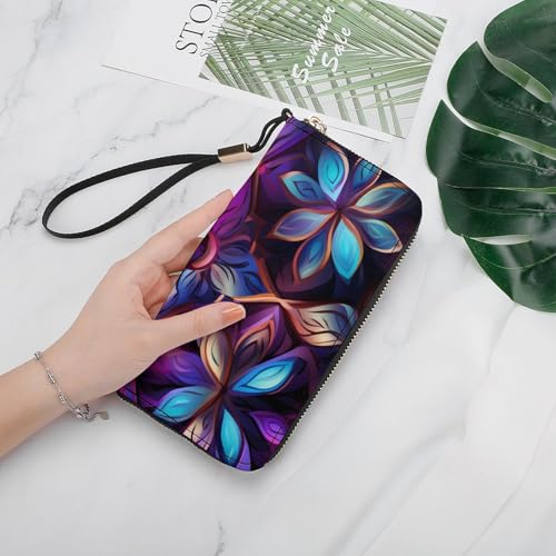 Colorful Geometry Flowers Leather Wallet Fashion Bifold Purse Long Pouch with Wrist Strap for Men Women4