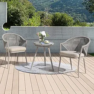 BRISHI Garden Patio Seating Chair and Table Set Outdoor Balcony Garden Coffee Table Set Furniture with 1 Table and 2 Chairs Set with Cushion (Grey)