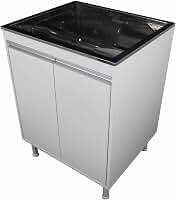 Tanque de Lavar Roupa com Gabinete, Aço Inoxidável, Cuba 46L, Portas Duplas, com Pés Ajustáveis