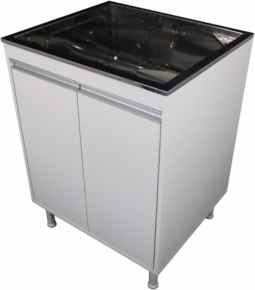 Tanque de Lavar Roupa com Gabinete, Aço Inoxidável, Cuba 46L, Portas Duplas, com Pés Ajustáveis