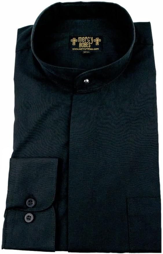 Mens Long Sleeve Roman Collar Clerical Shirt with Soft Collar (Black)