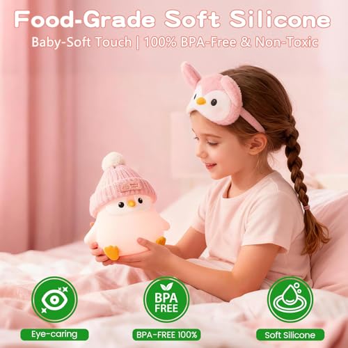 Image of FAMIDUO Penguin Night Light,Cute Pink Penguin Lamp with Hat,Kids Room Decor | Safe Silicone Nursery Nightlight ,Rechargeable /Dimmable /Timer LED Squishy Animal Bedside Touch Lamp,Funny Gift for Girls