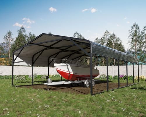 Image of Military-Grade Metal Carport 20x26 FT, Heavy- Duty Galvanized Steel Roof | 2x2 inch Steel Poles with Powder Coating, 15-Gauge Walls,120 PSF Snow Load Roof, Hurricane Resistant, Pickup, Truck, Black
