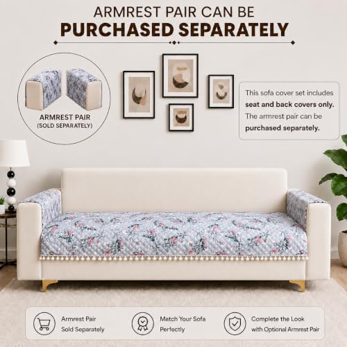 Image of Homerz Premium Printed Quilted Velvet Sofa Slip Cover Protector with Tassels, Sofa Mat, Exact Size, Antislip Cover (Grey Autumn, 5 (3+1+1) Seater, Half)