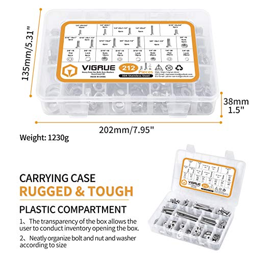 image for Hex Bolts Assortment Kit, VIGRUE 212PCS/53 Sets 1/4-20 5/16-18 3/8-16 