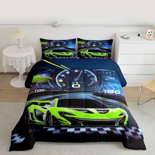 Image of Feelyou Fluorescent Green Race Car Bedding Set - Twin Size Comforter Set with 1 Pillowcase - Extreme Sports Car Comforter with Inner Fill Duvet Set