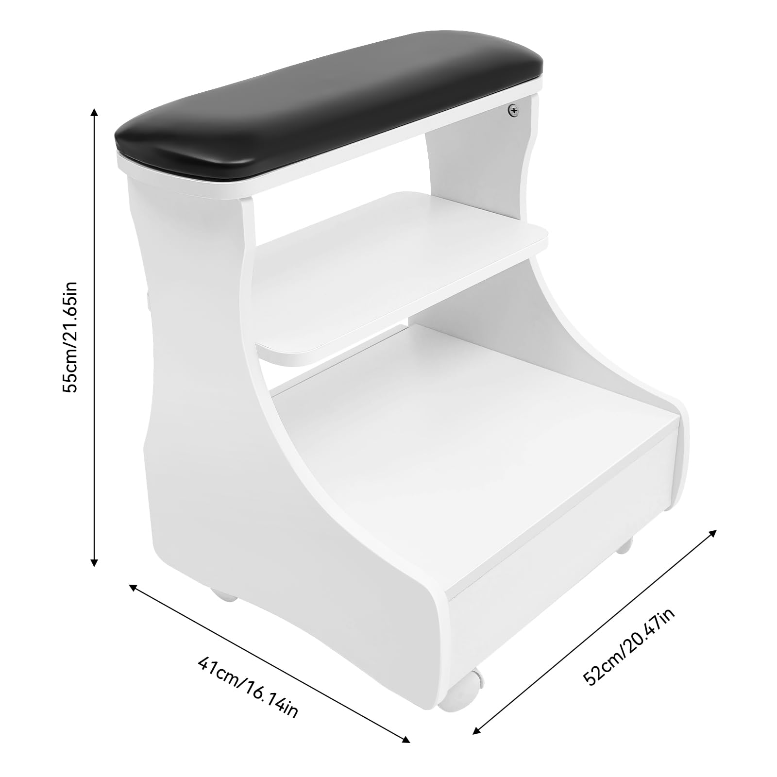 Taburete pedicuro, taburete con reposapiés, mueble rodante para cuidado de los pies, con bandeja y almacenamiento, ideal para salón de belleza y uso doméstico profesional (Lanza, Negro)