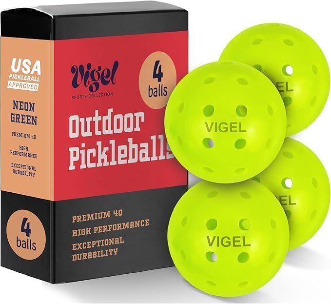 Vigel Premium Outdoor Pickleball Balls Set of 4-12, USAPA Approved Tournament and Competition Play, Perfectly Balanced, High Bounce True Flight, Durable, 40 Hole Pickleball, Ideal for All Skill Levels
