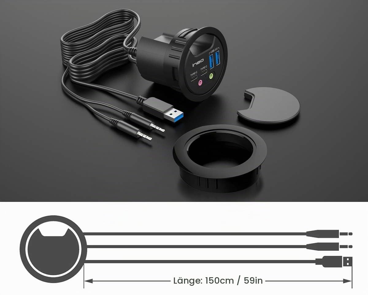 USB 3.0 HUB | ineo | 4 Ports | 2X USB-C | 2X USB-A | Audio I/O | Einbau in 60mm Schreibtischloch | Kabellänge 150cm | Staubschutzabdeckung | Einbauring 80mm | THC06VI