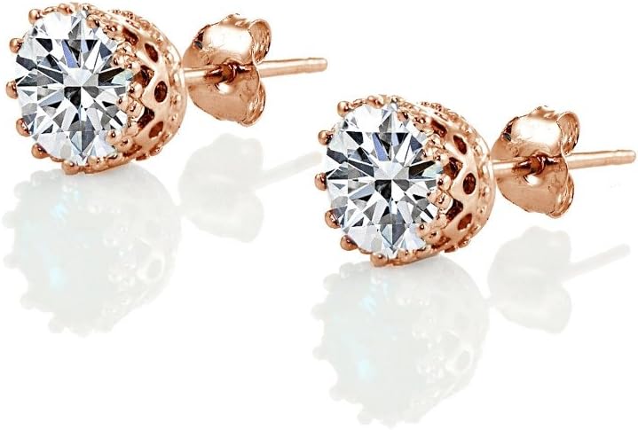 Rose Gold Flashed Sterling Silver Genuine, Created or Simulated Birthstone Gemstone Crown Stud Earrings - Image 2