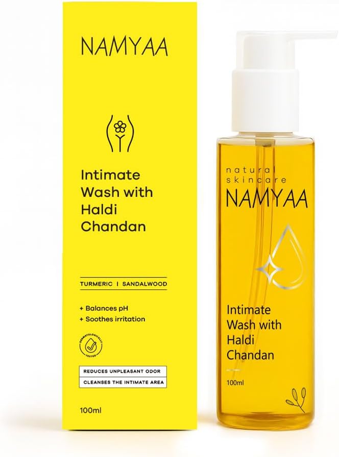 Namyaa Intimate Wash with Haldi Chandan, Prevents Dryness, Itchiness and Irritation | pH Balanced | Prevents Bad smell, 100ml