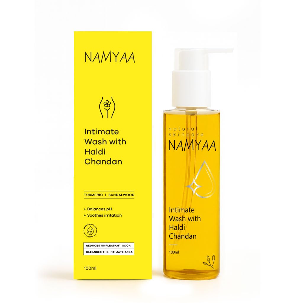 Namyaa Intimate Wash with Haldi Chandan, Prevents Dryness, Itchiness and Irritation | pH Balanced | Prevents Bad smell, 100ml