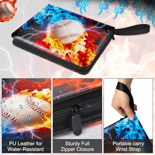 Image of Baseball Card Binder 4 Pockets Sports Card Binder Holds 400 Cards with 50 Removable Double Sleeves, Portable PU Zipper Trading Card Album, Fits TCG Collectors Boys Girls Gift