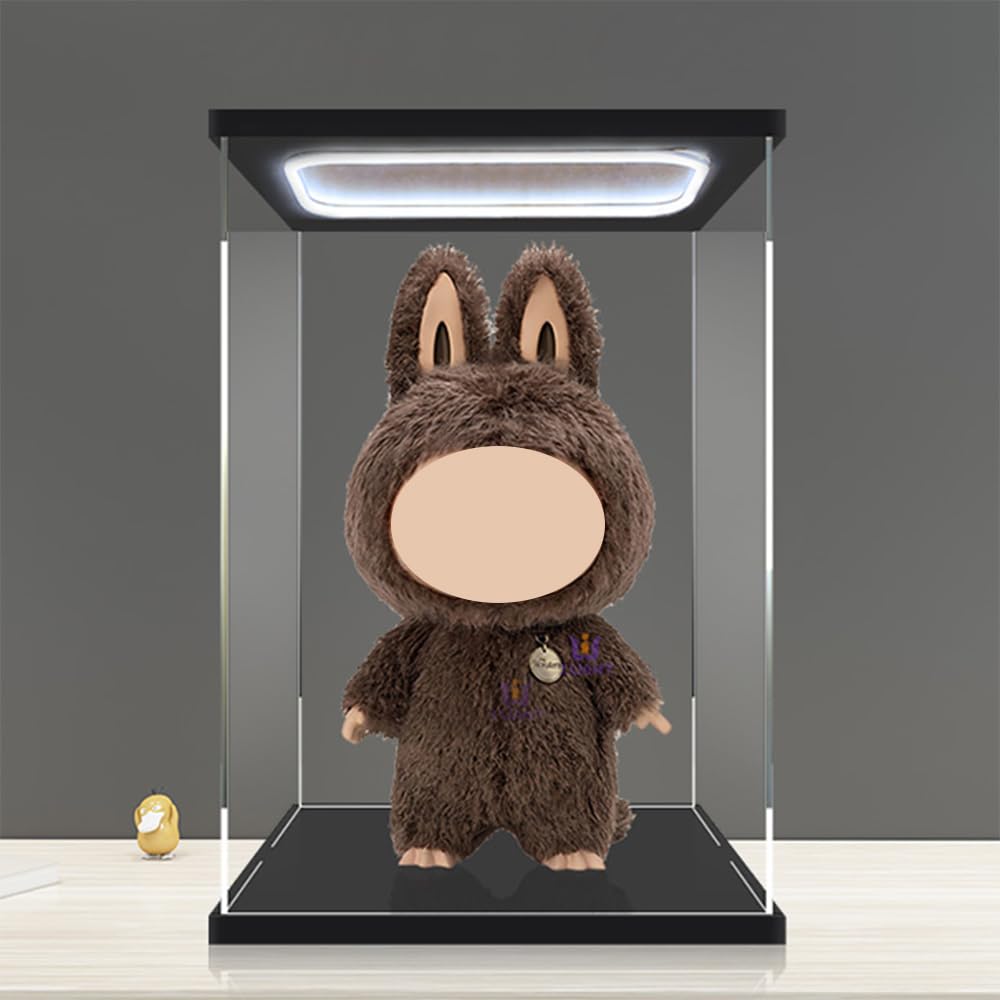 DuvinDD Vetrina acrilica con illuminazione a LED, 35 x 30 x 60 cm, scatola trasparente antipolvere con base nera, adatta per Labubu Zimomo Angel in Clouds & I Found You