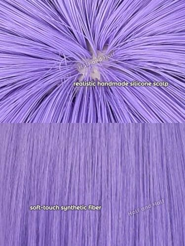 Image of Half and Half Short Purple Bob Anime Cosplay Wig with Bangs & Bun 13.4'' Light Purple Nin-ja Women's Synthetic Hair Wigs for Halloween Party Costumes