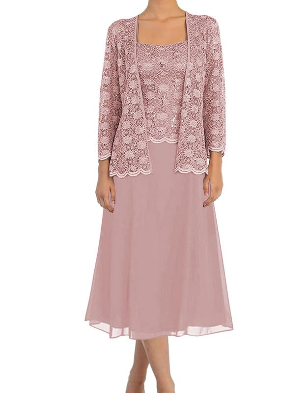 Mother of The Bride Dresses Tea Length-Evening Formal Dress Lace Wedding Guest Groom Dresses for Women with Jacket