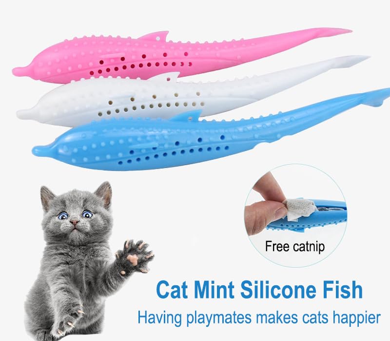 AKOAK Cat Toothbrush, Catnip Toys, Soft and Durable Silicone Cat Chew Toys Easy to Clean and Bite Resistant Fish-Like Interactive Toys, Pack of 1 (White)